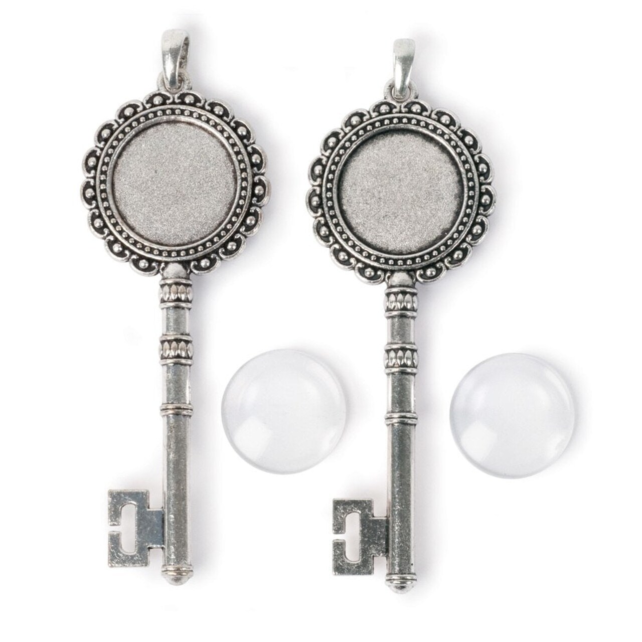 Picture Frame Pendants - Key, Antiqued Imitation Silver, for 20 mm Pictures - Set of Two